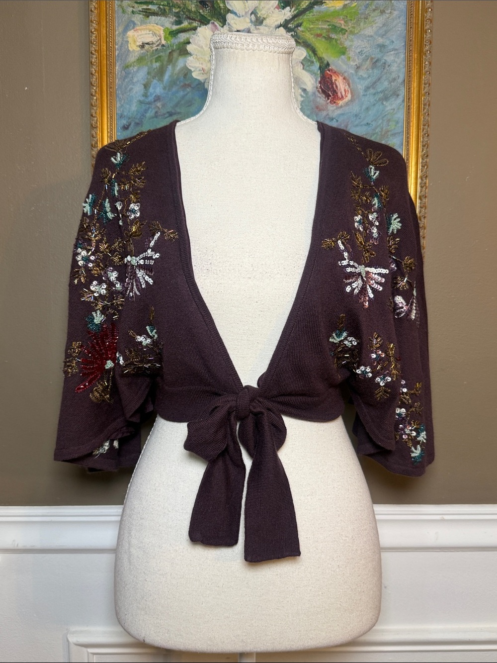Arden B Y2K Silk Cashmere Beaded Embroidered Tie Front Shrug XS